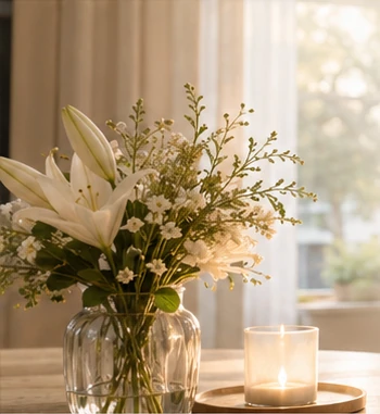 Blumenarrangement mit Kerzenlicht